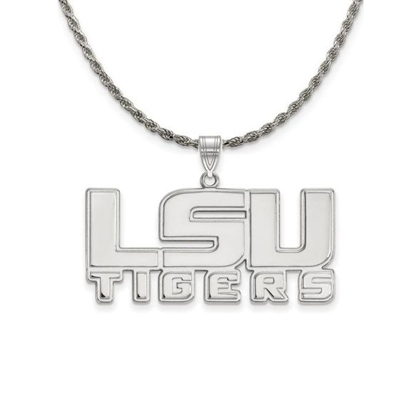 Sterling Silver Louisiana State Lg 'LSU TIGERS' Necklace - 18 In